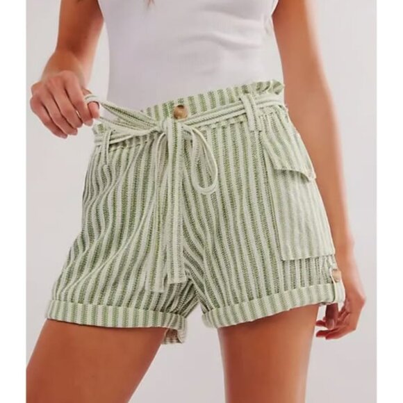 NWOT Free People One Harriet Striped 100% Cotton Shorts in Fairway Green